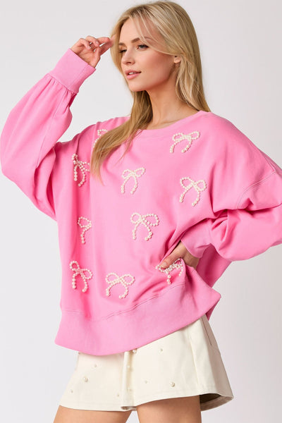 Explore More Collection - Pearl Bow Round Neck Dropped Shoulder Sweatshirt