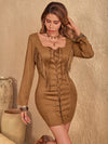 Explore More Collection - Fringe Lace Up Square Neck Long Sleeve Mini Dress