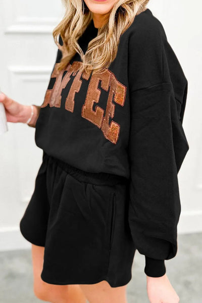 Explore More Collection - COFFEE Sequin Round Neck Long Sleeve Top and Shorts Set