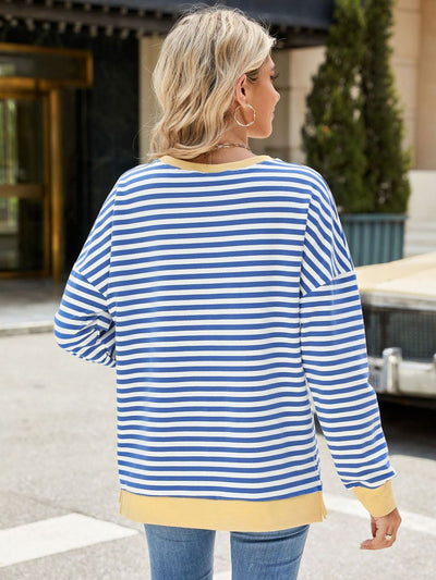 Explore More Collection - Slit Striped Round Neck Long Sleeve Sweatshirt