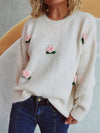 Explore More Collection - Flower Round Neck Long Sleeve Sweater