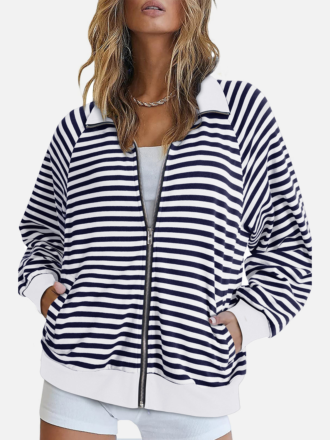 Explore More Collection - Striped Zip Up Long Sleeve Sweatshirt