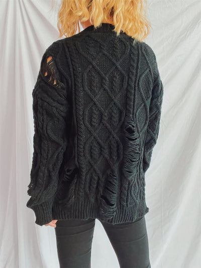 Explore More Collection - Distressed Cable-Knit Round Neck Long Sleeve Sweater