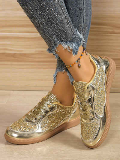 Explore More Collection - Sequin PU Leather Flat Sneakers