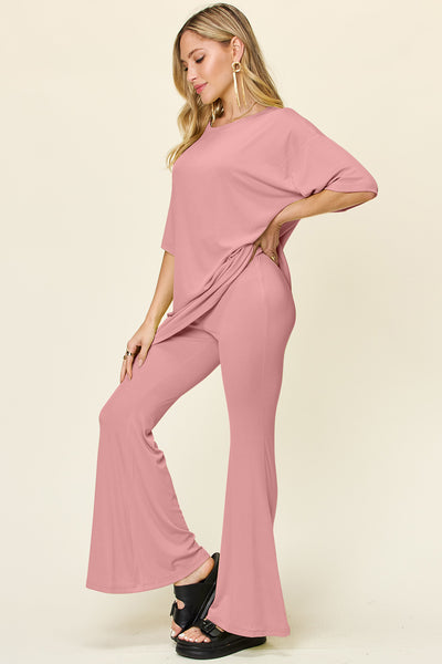 Explore More Collection - Double Take Full Size Round Neck Drop Shoulder T-Shirt and Flare Pants Set