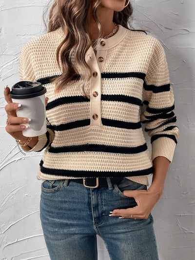 Explore More Collection - Perfee Striped Half Button Long Sleeve Sweater