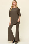 Explore More Collection - Double Take Full Size Round Neck Drop Shoulder T-Shirt and Flare Pants Set