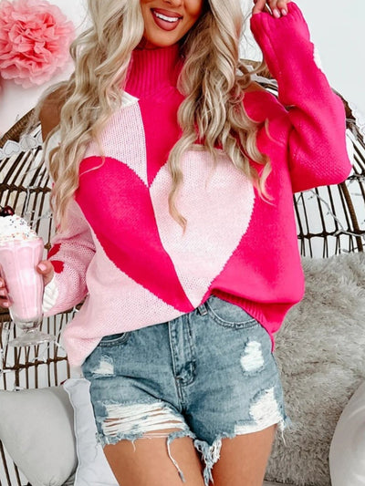 Explore More Collection - Valentine's Day Heart Turtleneck Cold Shoulder Sweater