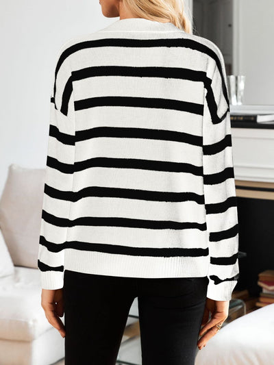 Explore More Collection - Many Striped Johnny Collar Long Sleeve Sweater