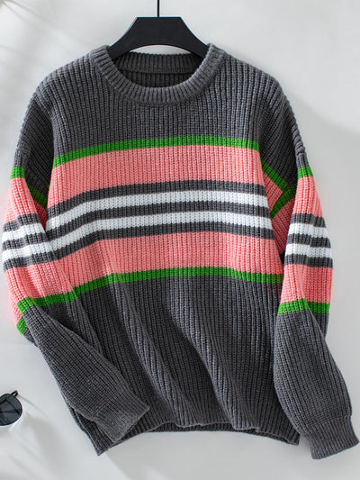 Explore More Collection - Contrast Stripes Round Neck Long Sleeve Sweater