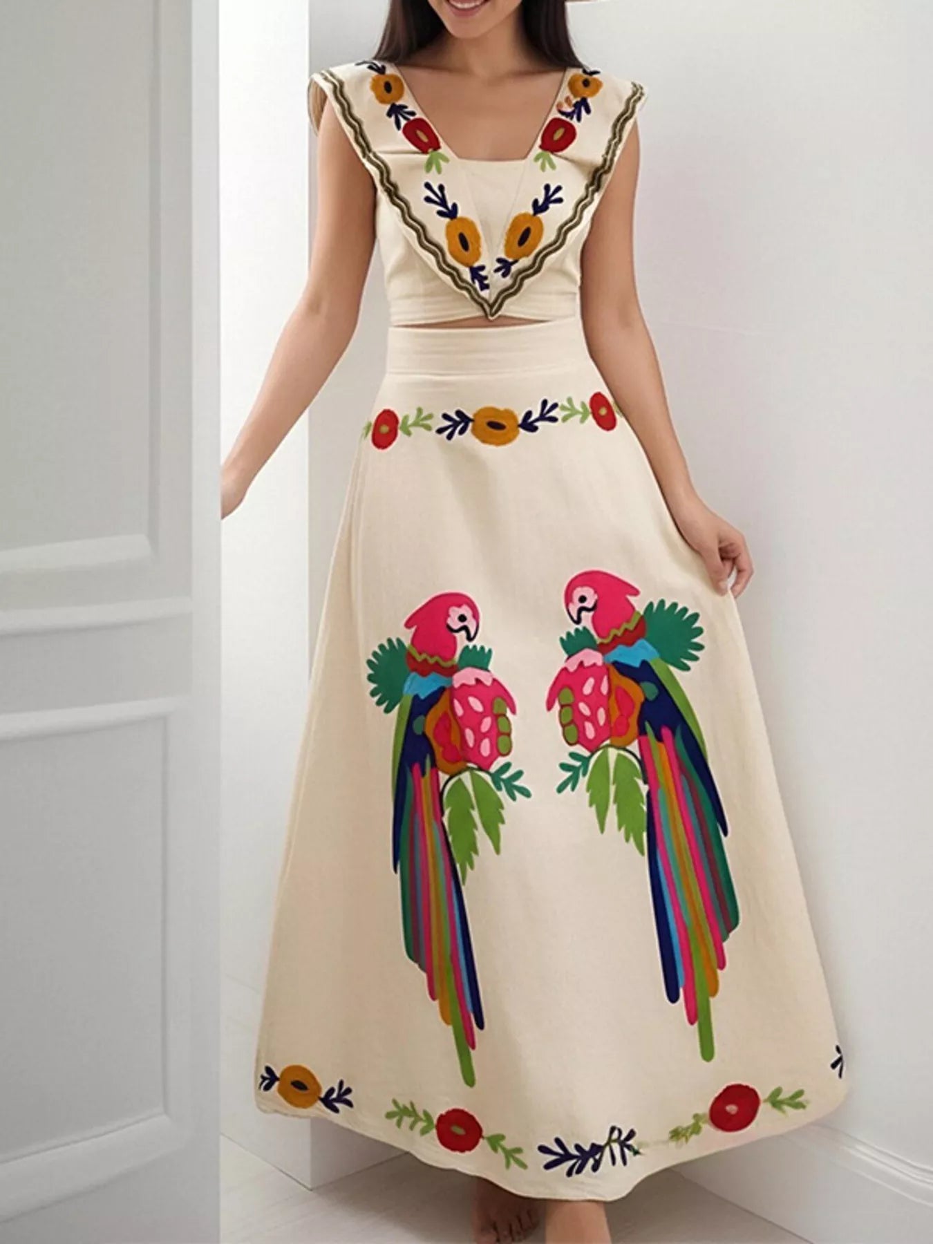 Parrot Crop Top and Maxi Skirt Set
