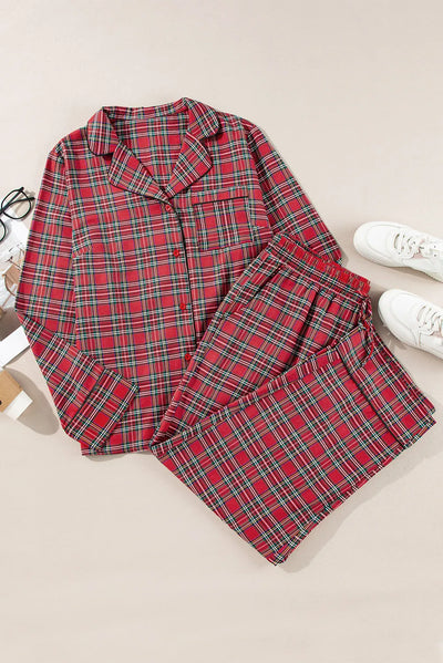 Explore More Collection - Plus Size Plaid Collared Neck Top and Pants Lounge Set