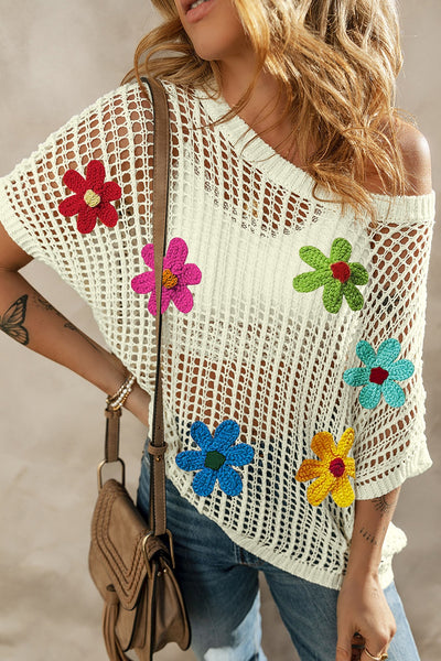 Explore More Collection - Flower Round Neck Half Sleeve Knit Cover Up