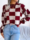 Explore More Collection - Checkered Mock Neck Long Sleeve Sweater