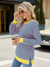 Explore More Collection - Slit Striped Round Neck Long Sleeve Sweatshirt