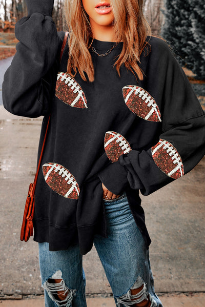 Explore More Collection - Sequin Football Patch Slit Sweatshirt