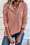 Explore More Collection - Ribbed Half Button Long Sleeve Knit Top