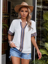 Explore More Collection - Contrast Stripes Notched Short Sleeve Blouse