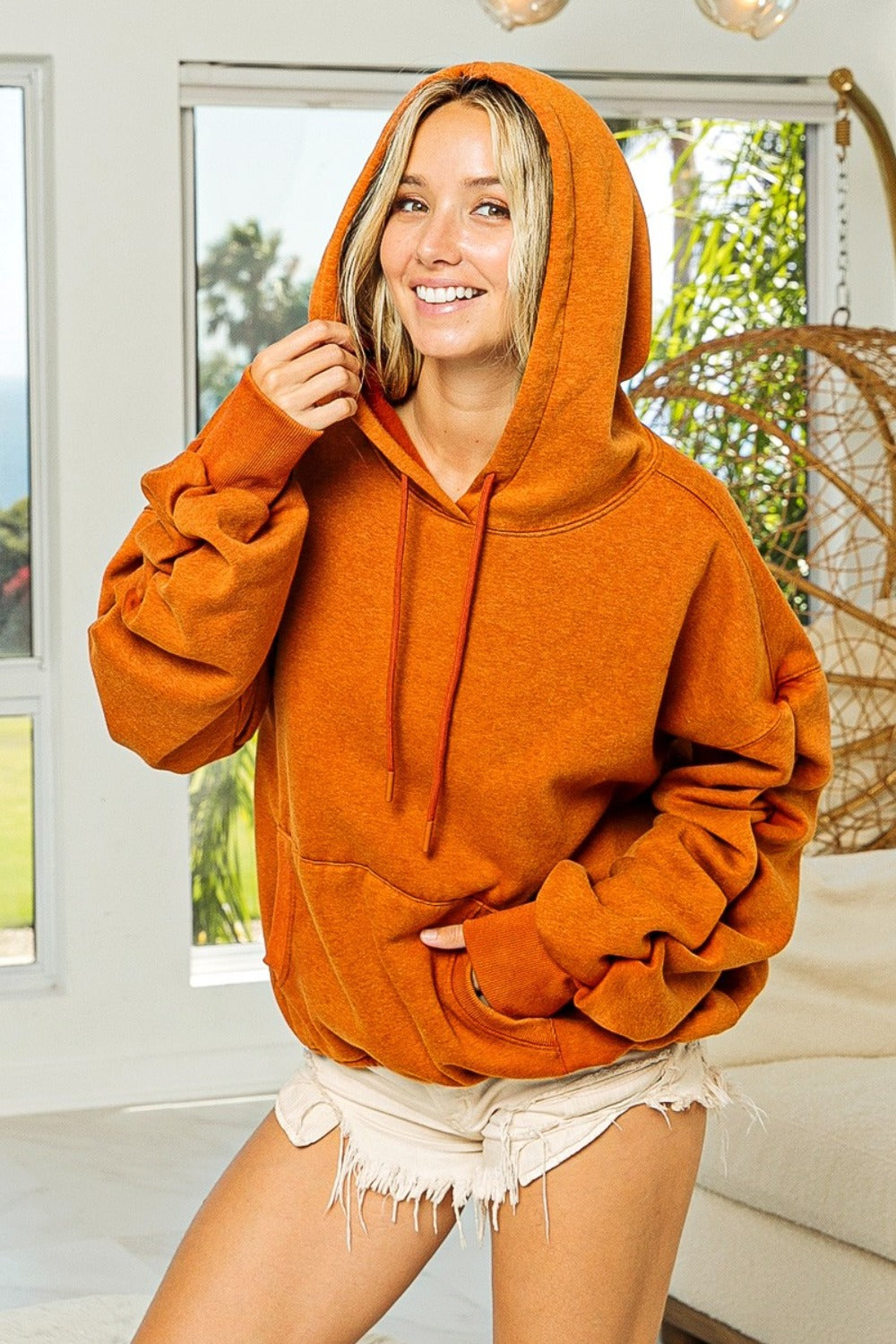 Explore More Collection - BiBi Ruched Long Sleeve Washed Fleece Hoodie