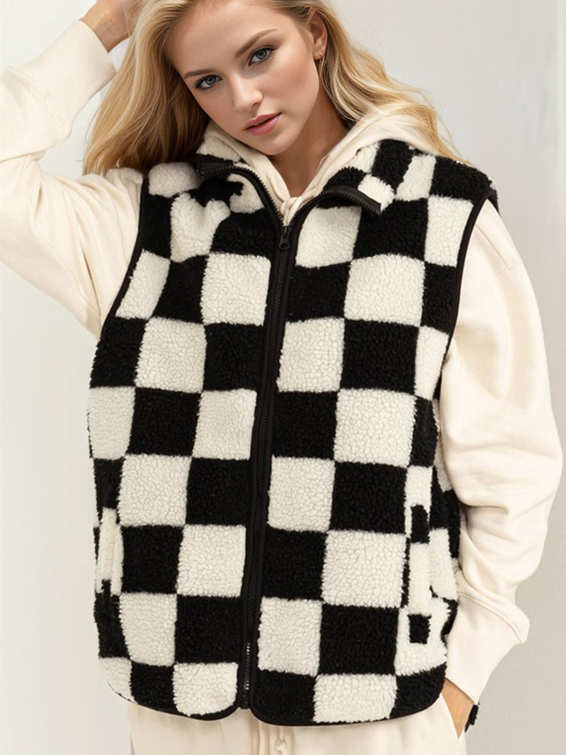 Explore More Collection - Double Take Full Size Zip Up Checkered Vest Cost