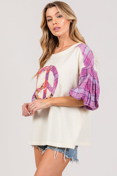 Explore More Collection - SAGE + FIG Full Size Peace Applique Patch with Plaid Contrast Top