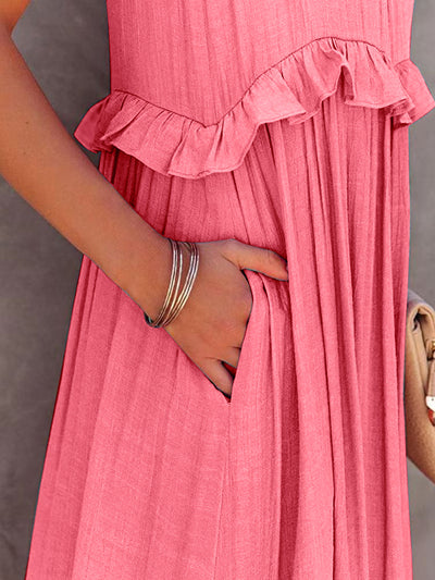 Explore More Collection - Ruffled Sleeveless Tiered Maxi Dress with Pockets