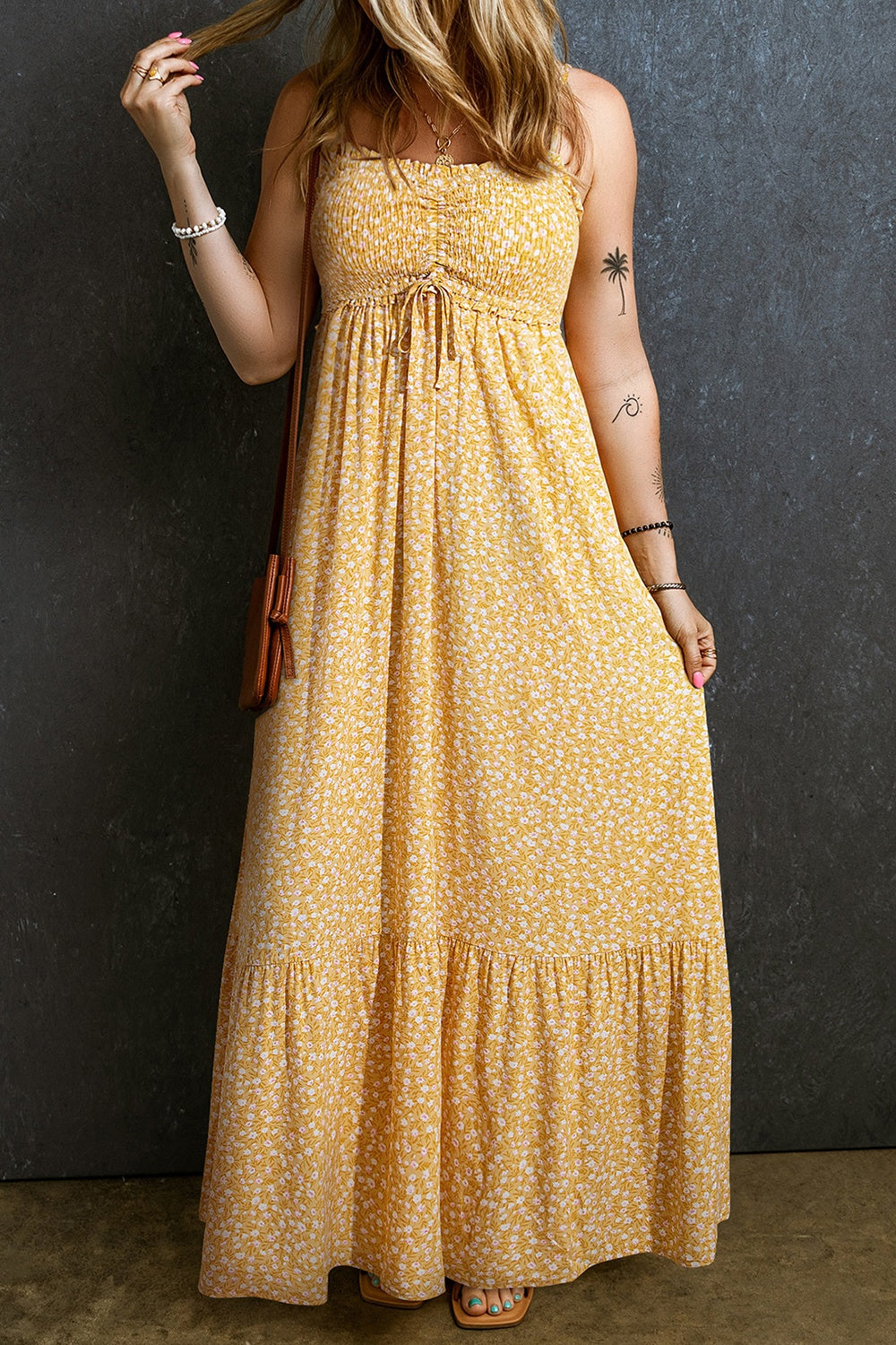 Explore More Collection - Smocked Printed Square Neck Maxi Cami Dress