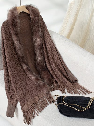 Explore More Collection - Fringe Leopard Open Front Long Sleeve Poncho