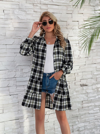 Explore More Collection - Ruffle Hem Plaid Button Down Long Sleeve Dress