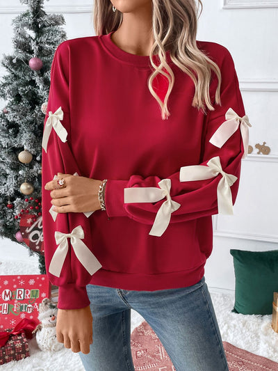 Explore More Collection - Perfee Bow Round Neck Long Sleeve Sweatshirt