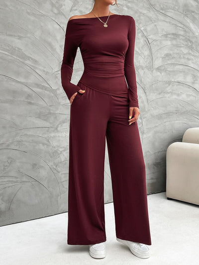 Explore More Collection - Long Sleeve Top and Wide Leg Pants Set