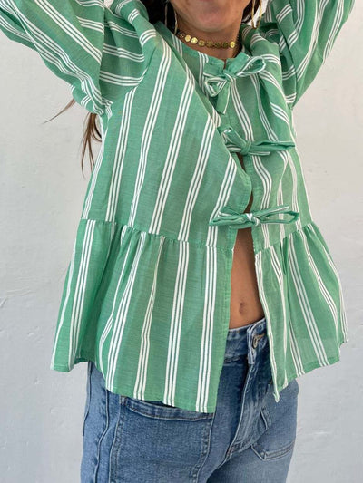 Explore More Collection - Tied Round Neck Balloon Sleeve Shirt