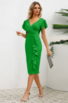 Explore More Collection - Ruffled Slit Surplice Cap Sleeve Dress