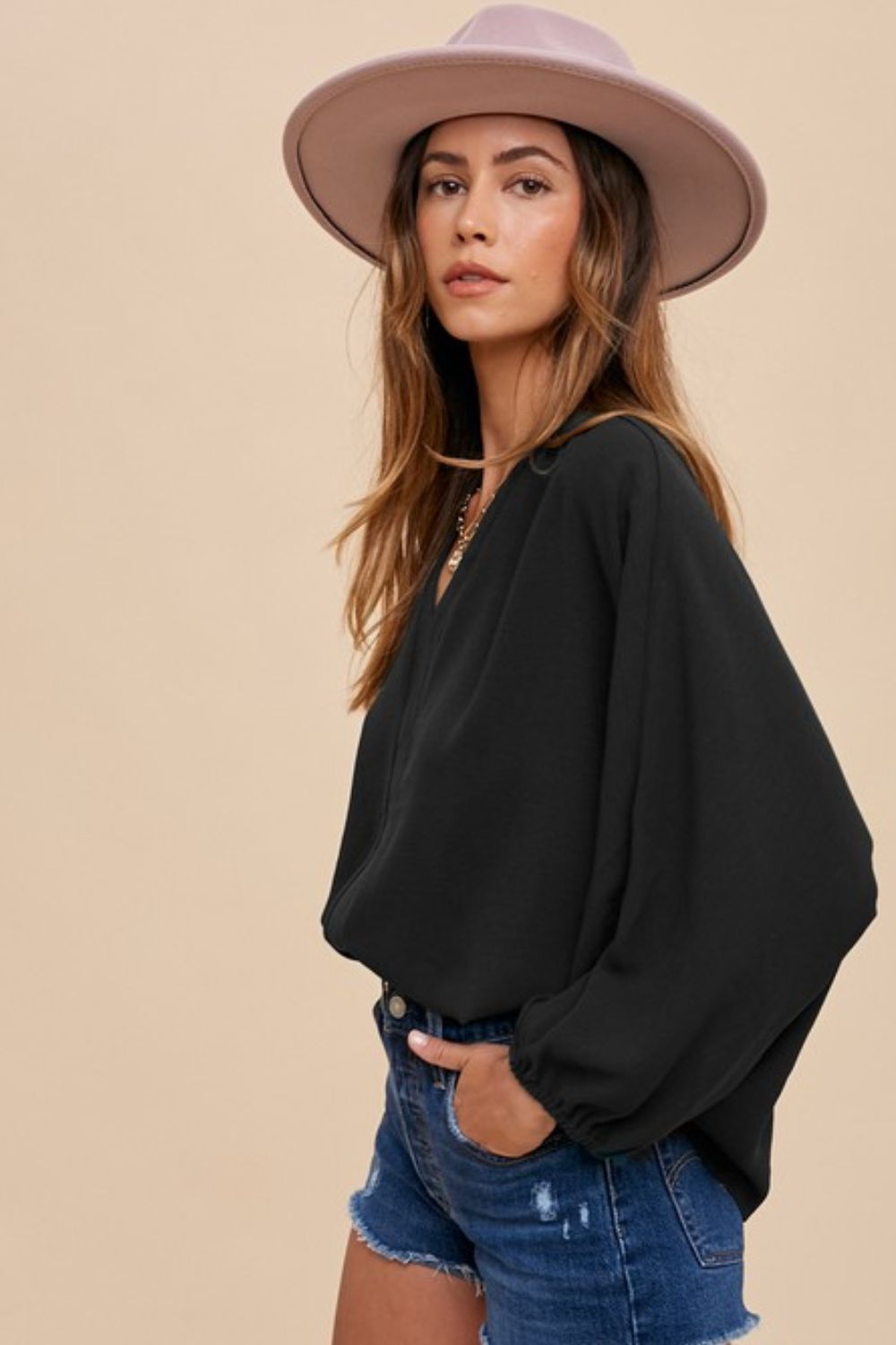 Explore More Collection - Annie Wear Notched Batwing Sleeve Blouse
