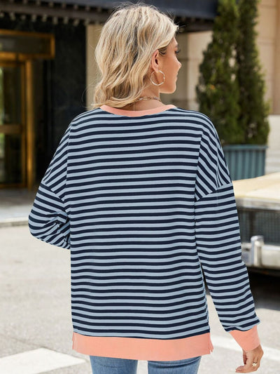 Explore More Collection - Slit Striped Round Neck Long Sleeve Sweatshirt