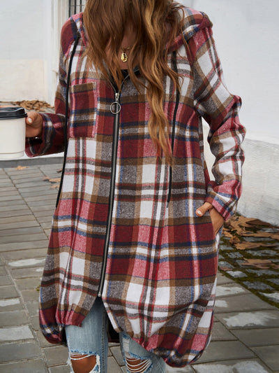 Explore More Collection - Plaid Zip Up Hooded Coat