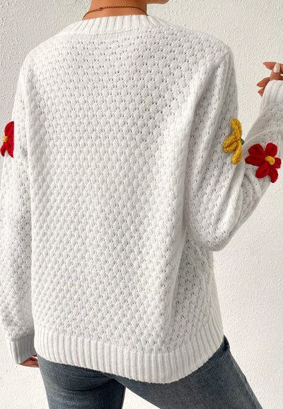 Explore More Collection - Crochet Flower Round Neck Long Sleeve Sweater