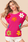 Explore More Collection - BiBi Flower Round Neck Cap Sleeve Knit Top