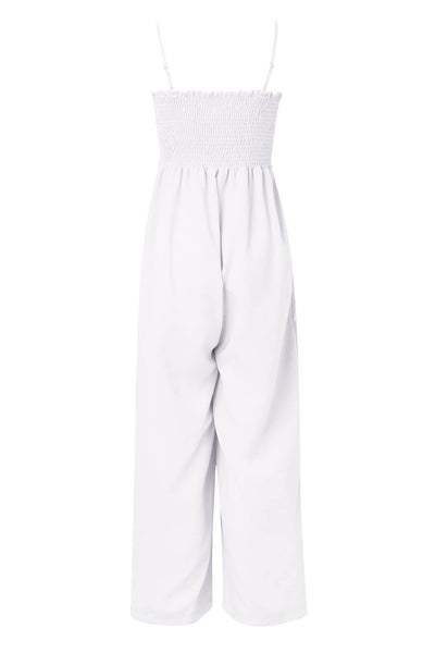 Explore More Collection - Smocked Spaghetti Strap Wide Leg Jumpsuit