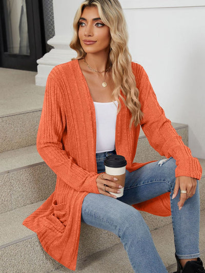 Explore More Collection - Pocketed Open Front Long Sleeve Cardigan