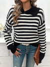 Explore More Collection - Striped Collared Neck Long Sleeve Sweater