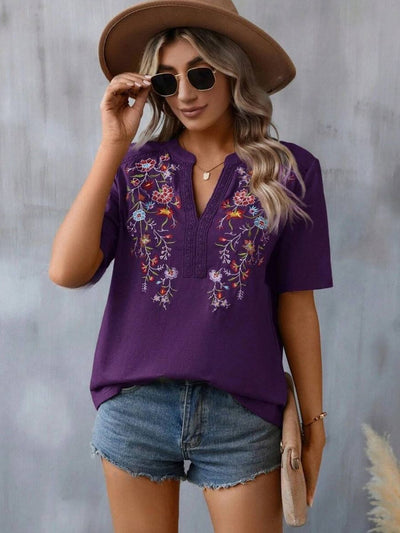 Explore More Collection - Embroidered Notched Short Sleeve T-Shirt