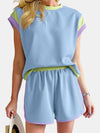 Explore More Collection - Contrast Round Neck Top and Shorts Set