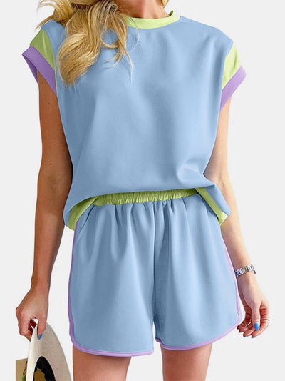 Explore More Collection - Contrast Round Neck Top and Shorts Set