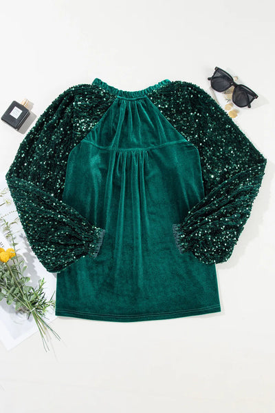 Explore More Collection - Sequin Notched Long Sleeve Blouse