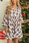 Explore More Collection - Full Size Plaid Collared Neck Balloon Sleeve Mini Shirt Dress