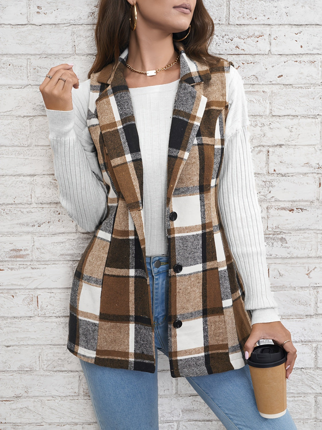 Explore More Collection - Plaid Button Down Vest Coat