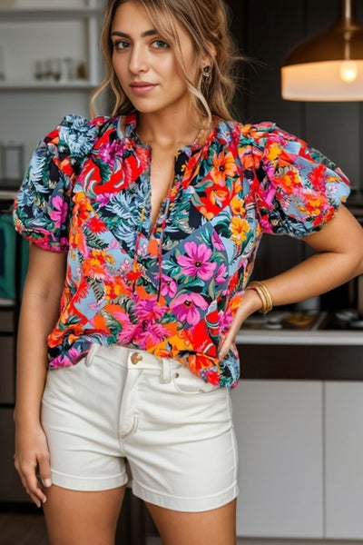 Explore More Collection - Ruffled Printed Tie Neck Short Sleeve Blouse