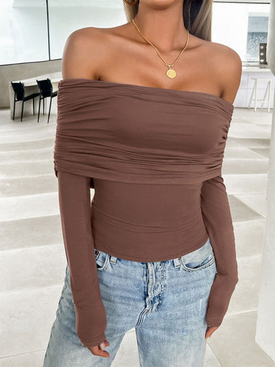 Explore More Collection - Ruched Off-Shoulder Long Sleeve T-Shirt