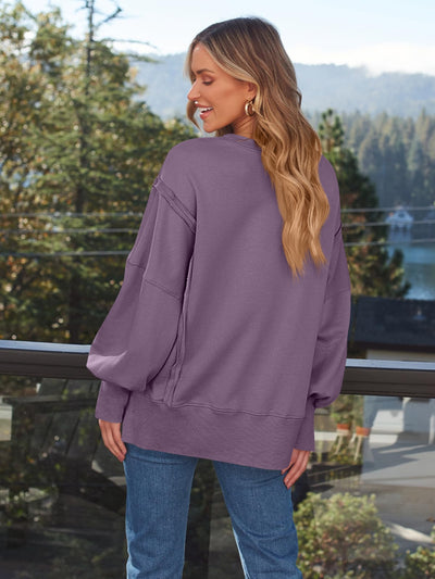 Explore More Collection - Slit Round Neck Long Sleeve Sweatshirt